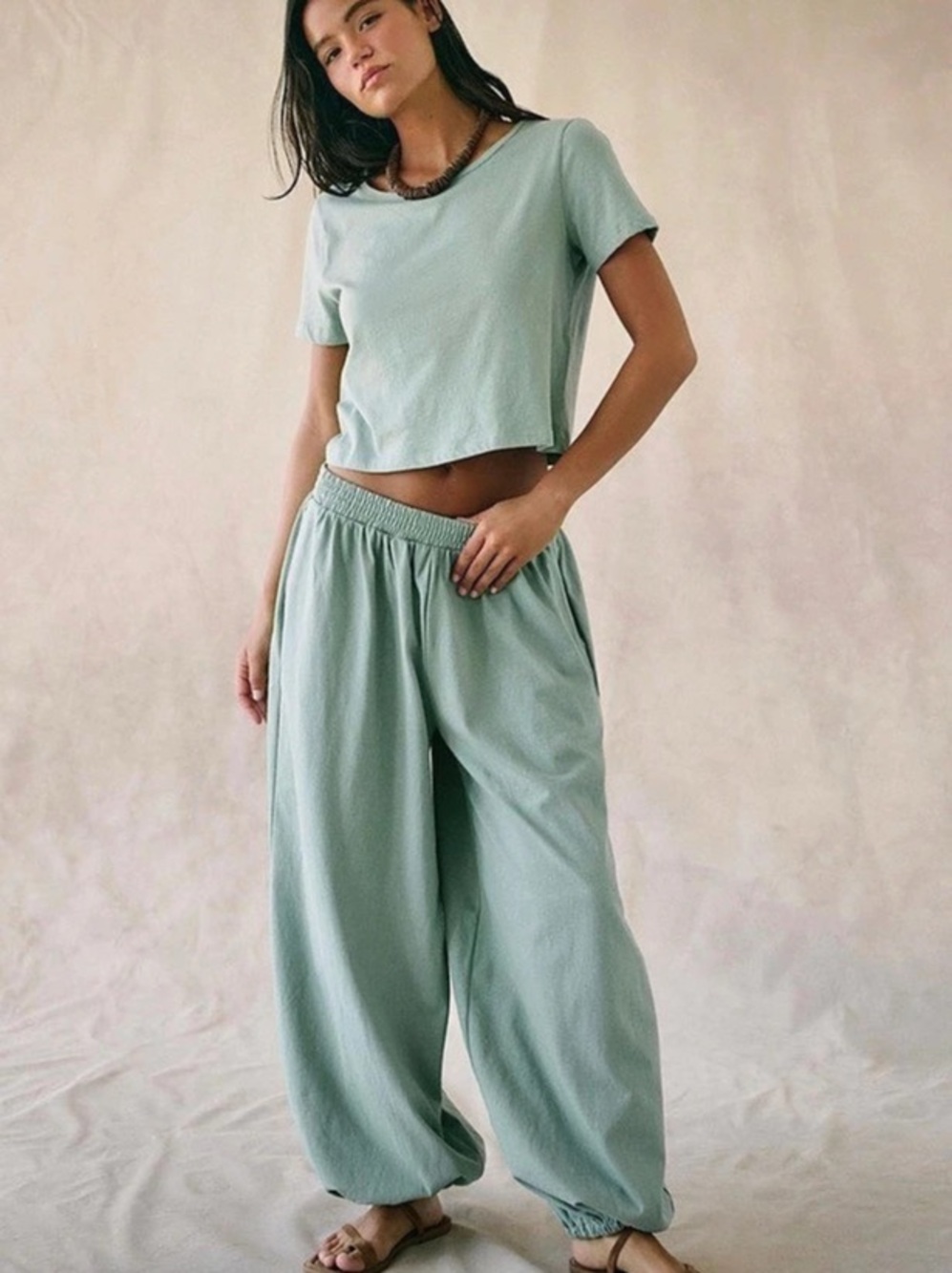 FREE PEOPLE Stella Cotton-Jersey Pant Set in Summer Lily Pads, NWT, size S